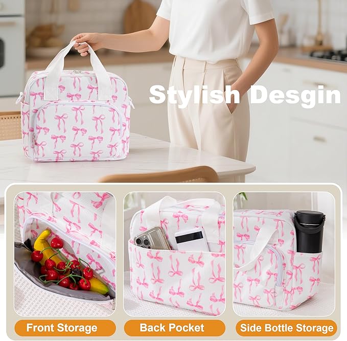 Large Lunch Bag for Women Insulated Lunch Box Reusable Cooler Bag Portable Cute Corduroy Leakproof Tote Bags for Travel, Work, and Picnic, Ribbon Bow