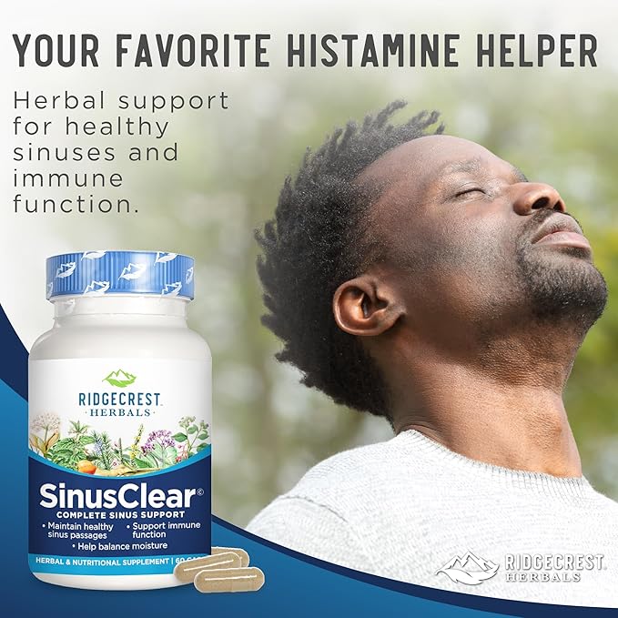 RidgeCrest Herbals SinusClear, Complete Formula for Sinus and Nasal Health with Mullein Leaf, Bromelain, Vitamin C, and Zinc, for Healthy Mucus, Immune & Respiratory Support, (60 Veg Caps, 30 Serv)