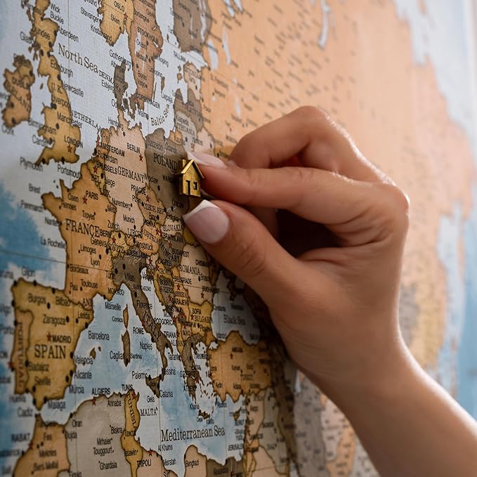 Canvas World Map with Cork Pin Board - English Lettering - Decorative Wall Decoration for All Rooms - Canvas Pictures with World Map Motif (70x50 cm, Pattern 15)