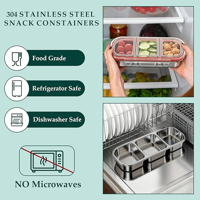 QCQHDU Bento Lunch Box Stainless Steel Snack Containers, Reusable Stainless Steel 3-Compartment Condiment Metal Bento Lunch Box with Lids, Divided Snack Food Storage Lunchable Containers, 1 Pack