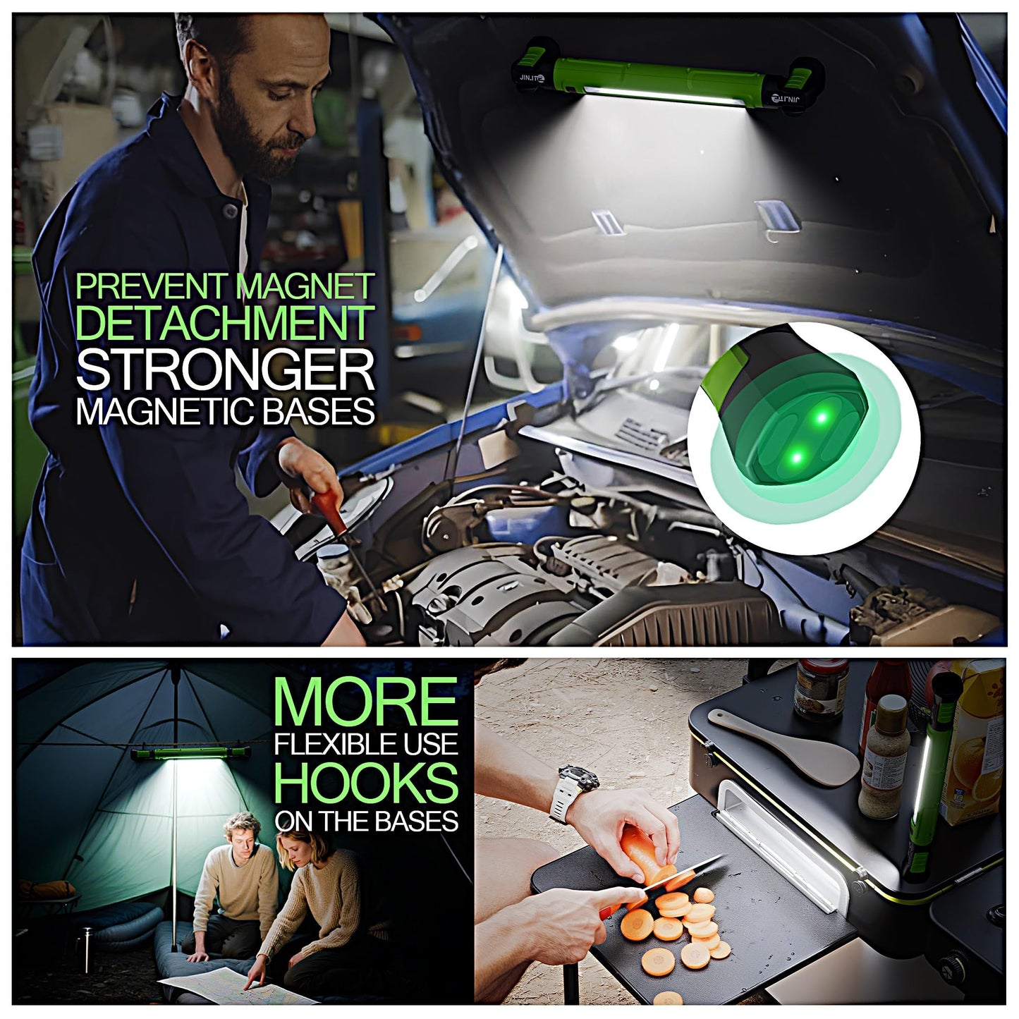 JINLITE Magnetic Work Light - 3000LM Rechargeable LED Work Light Bar, 5200mAh Under Hood Mechanic Light for Garage, Workshop, Vehicle Inspection (1 Pack Green)