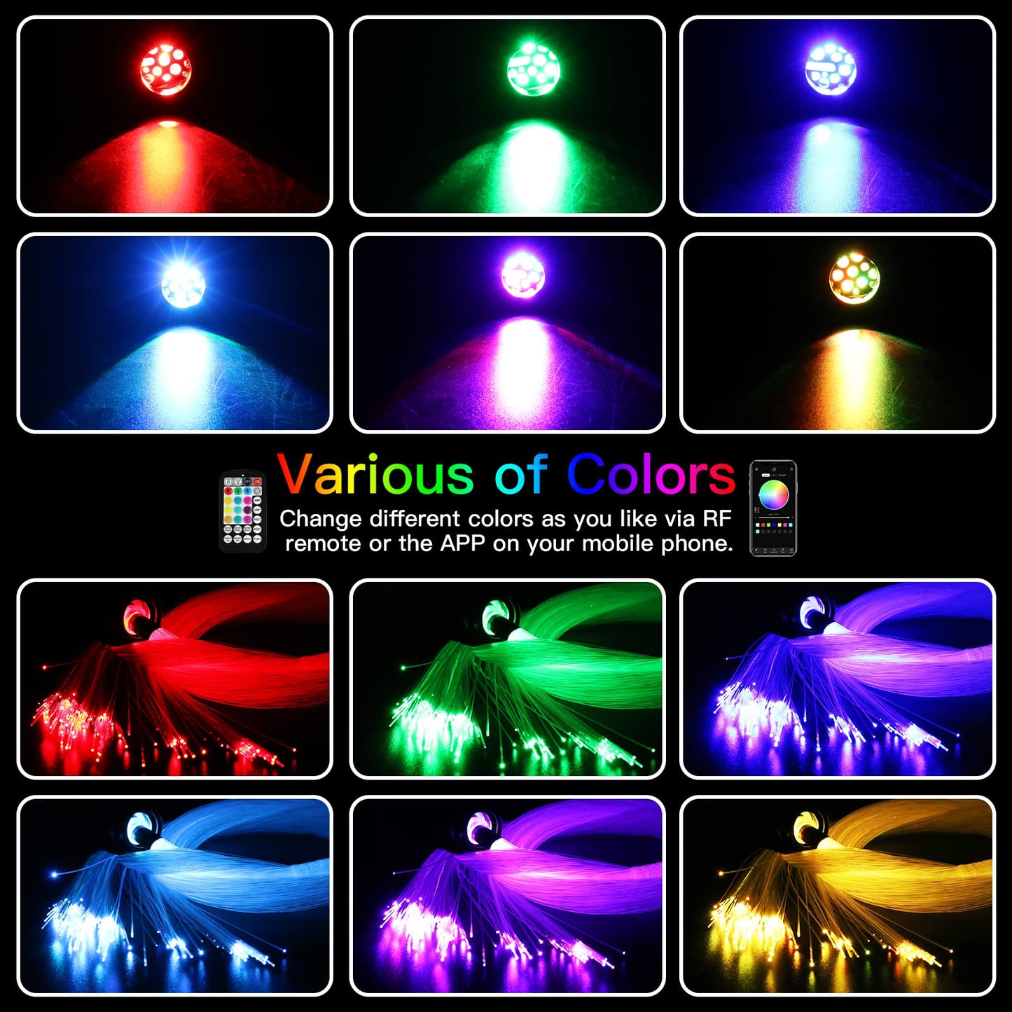 AZIMOM Fiber Optic Starlight Headliner Kit, 500pcs 0.03in 9.8ft, Black, Model USC-Black16WT, Twinkle & Sound Activated