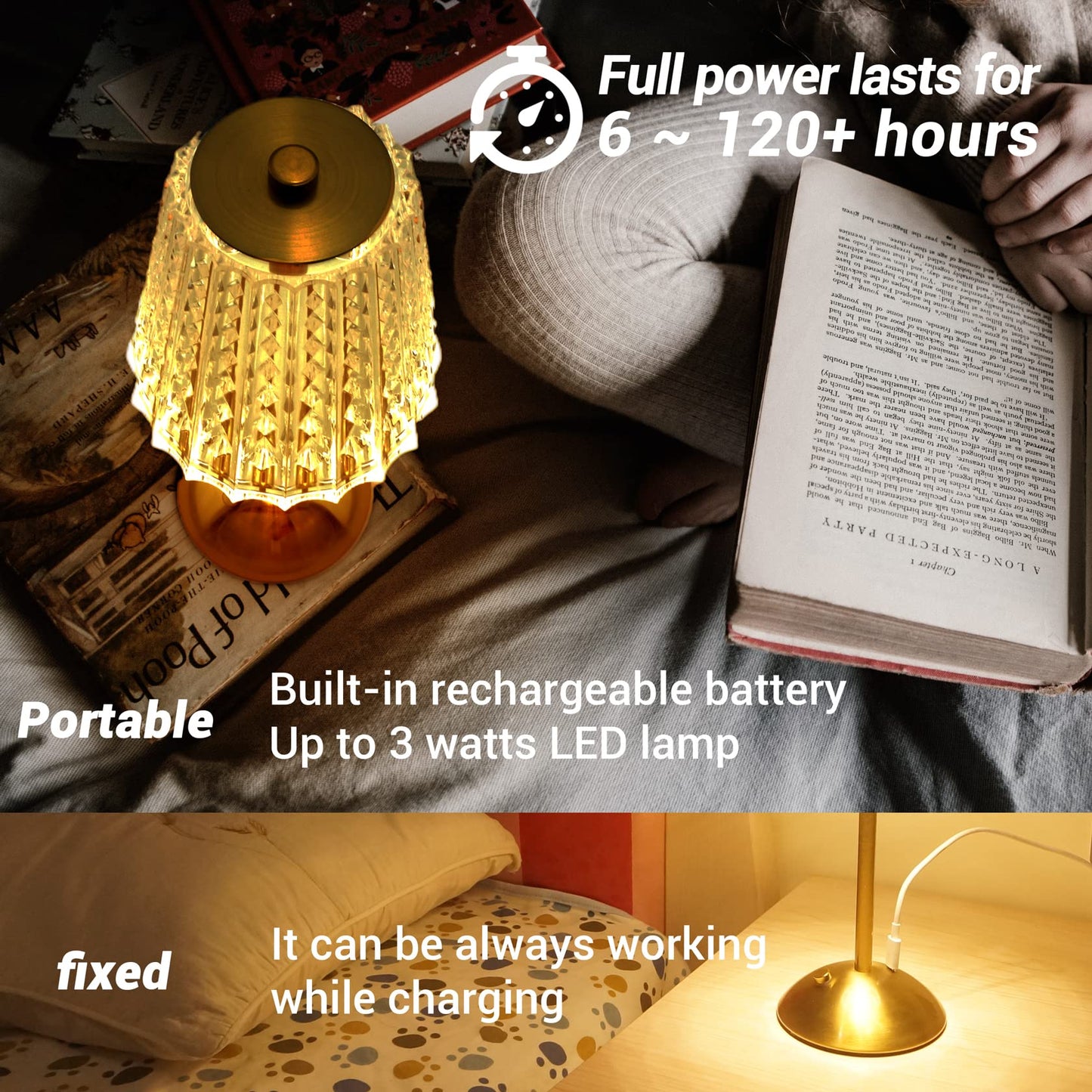 Amingulry Cordless Table Lamp, Rechargeable LED Touch Lamp, Stepless Dimmable, Little Size, Gold Fountain Metal