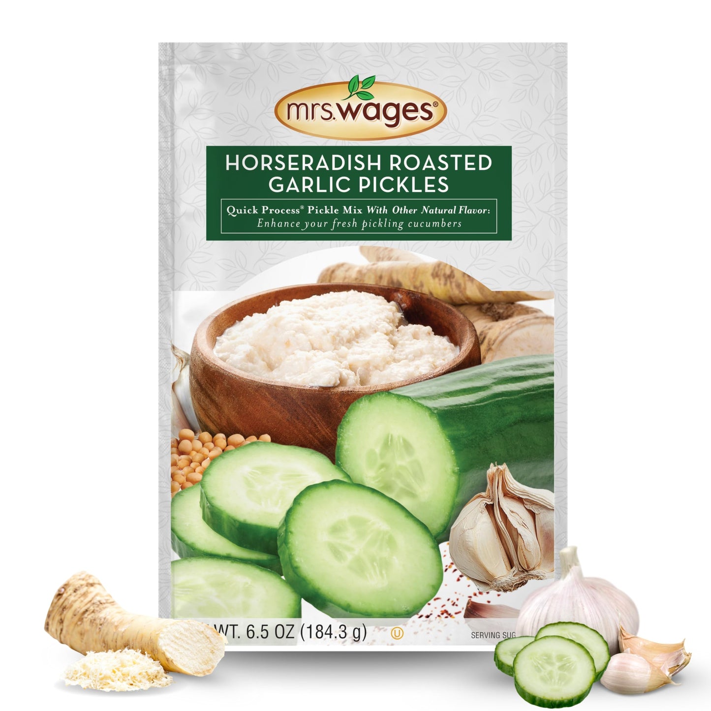 Mrs. Wages Horseradish Roasted Garlic Quick Process Pickle Mix, Quick and Easy, Simple-To-Use, Unique Spicy Garlic Flavor, 6.5 o
