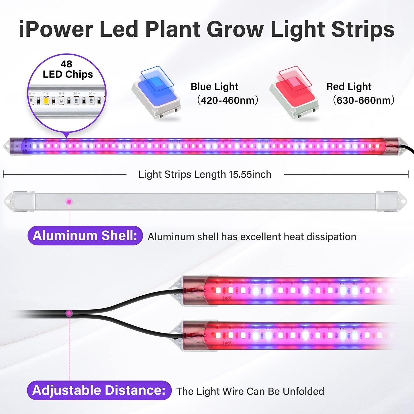 Ipower 20W Led Plant Grow Light Strips Full Spectrum For Indoor Plants With Auto On/Off 3/9/12H Timer  10 Dimmable Levels 48 Leds Per Light Strip  2 Tubes
