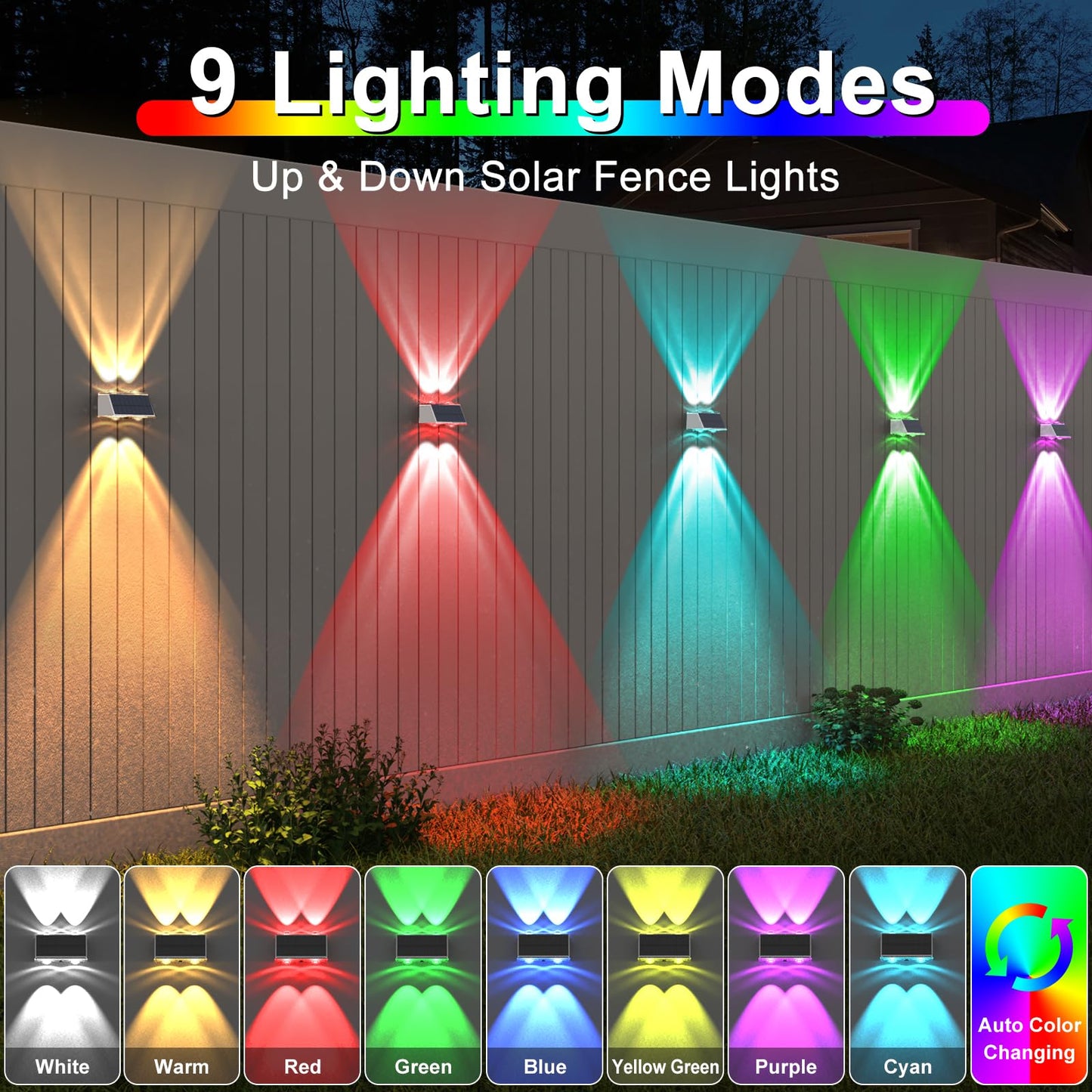 LANSOW Solar Fence Lights 8 Pack, Waterproof LED Spot Wall Lights, 9-Mode Warm/Cool White & RGB, White, Model e1c42e20-845c-4