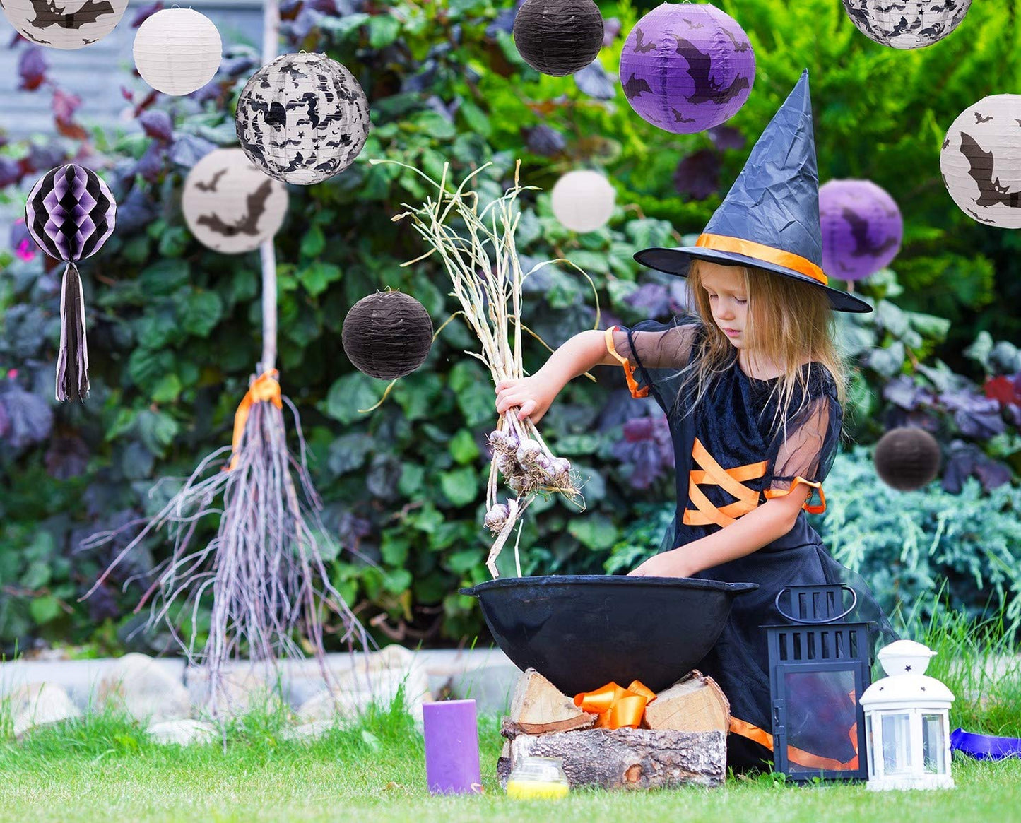 Uniqooo 12Pcs Spooky Halloween Decor Black White Purple Hanging Paper Lanterns Set With Decorative Bats & Honeycomb Pom Pom Tassels For Indoor/Outdoor Holiday Home Garden Decor Party  12 In & 8 In