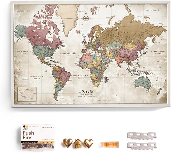 Canvas World Map with Cork Pin Board - English Lettering - Decorative Wall Decoration for All Rooms - Canvas Pictures with World Map Motif (90x60 cm, Pattern 20)