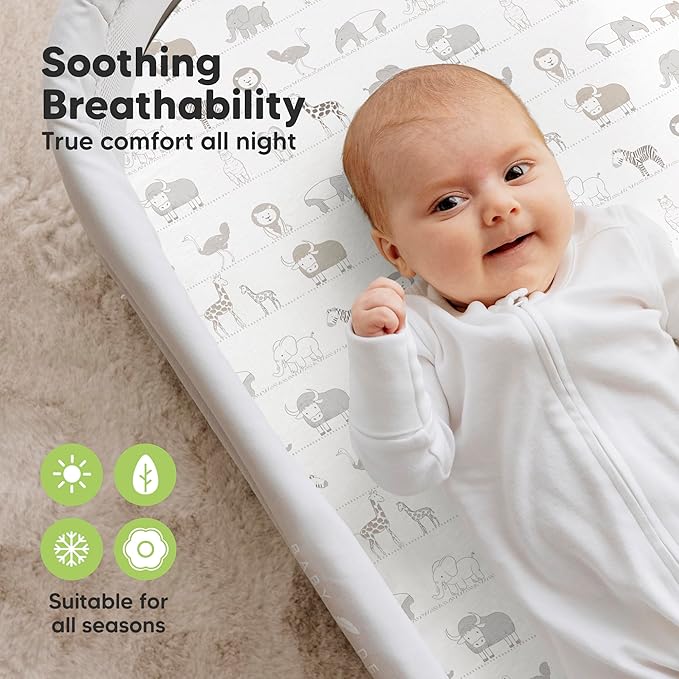 2-Pack Organic Bassinet Sheets for Girls, Boys - 100% Cotton Bassinet Mattress Sheets Compatible with Halo Bassinest Swivel Sleeper, Graco,Baby Delight,Chicco,Unisex Fitted Bassinet Sheets (Savannah)