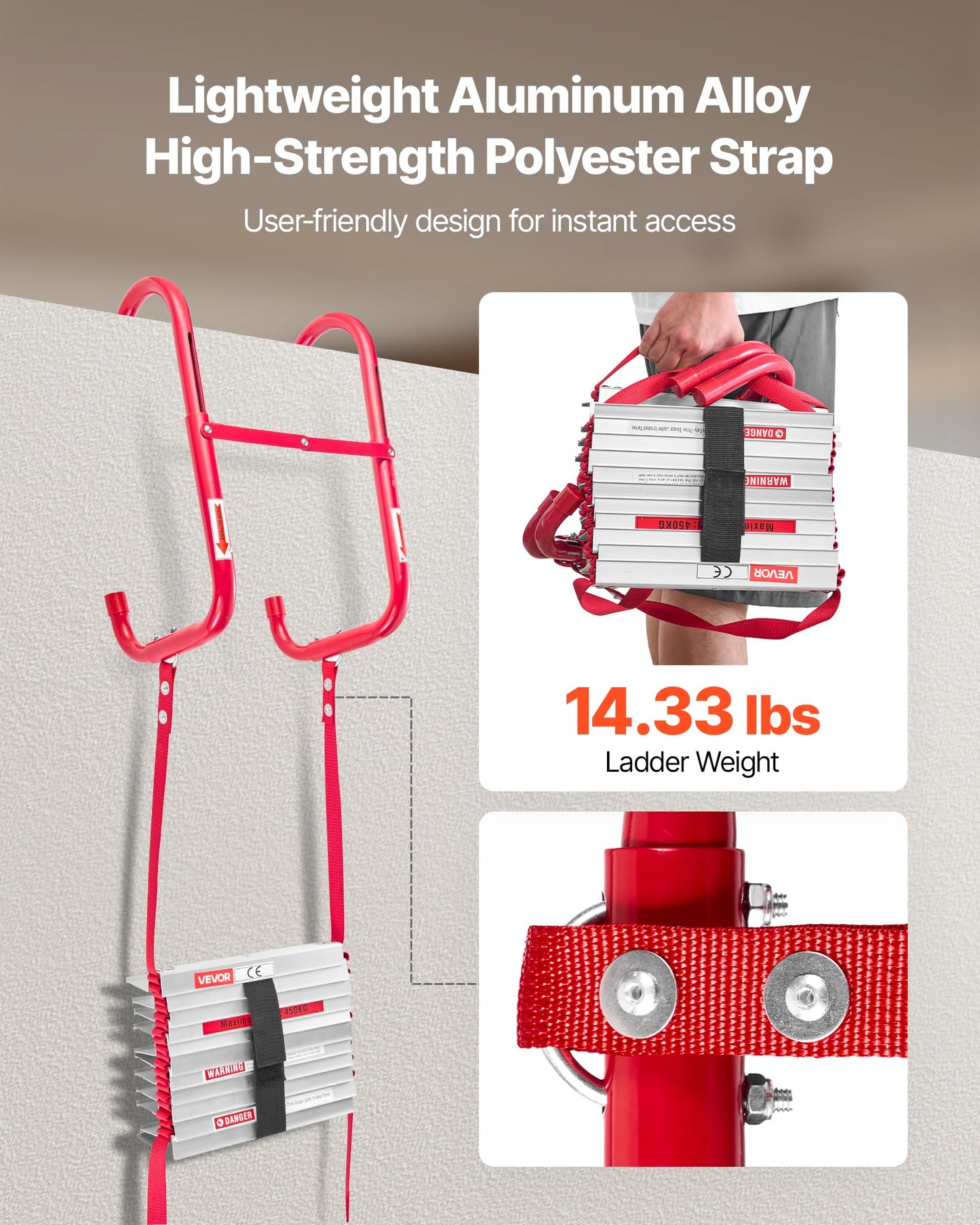 VEVOR Fire Escape Ladder, 3-Story 25FT Retractable Emergency Fire Ladder, Lightweight Aluminum Alloy Safety Escape Ladders with Sturdy Polyester Strap, Anti-Slip Rung & Wide Steps, 1000LBS Max Loading