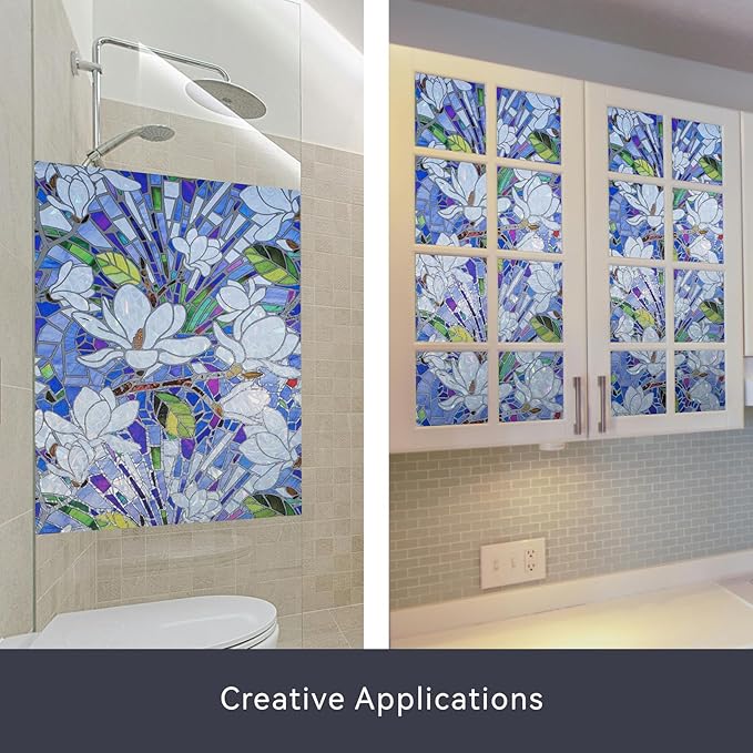 DKTIE Magnolia Pattern Stained Glass Window Film Floral Decorative Window Privacy Film with Rainbow Effect Front Door Bathroom Room Decor (S677, 17.7in X 118.1in)