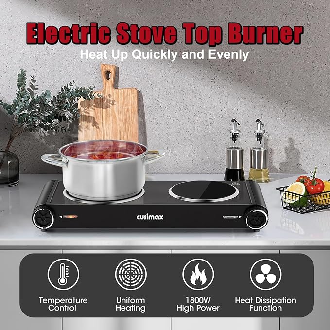CUSIMAX Hot Plate for Cooking,1800w Double Infrared Burner,Portable Electric Stove with Adjustable Temperature Control,Ceramic Glass Hot Plate for Dorm Office Home Camp,Black Stainless Steel