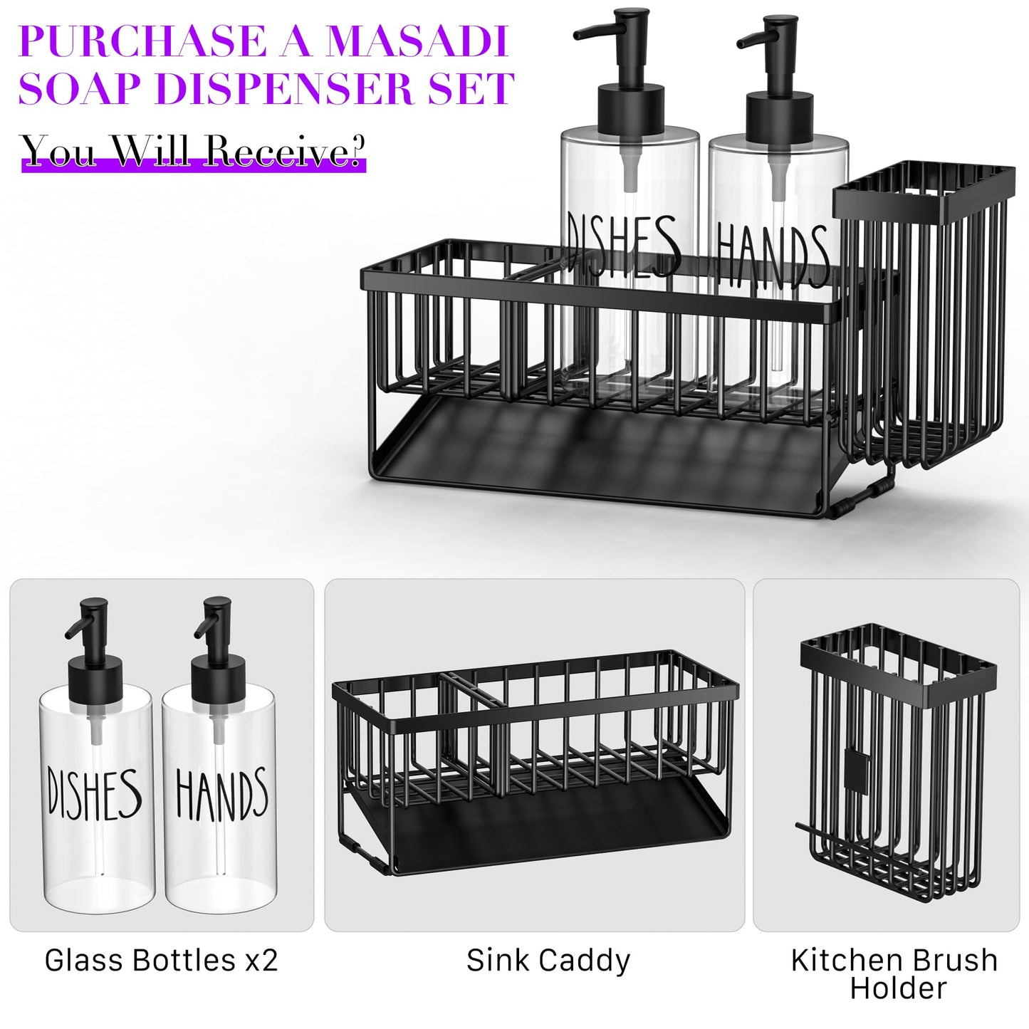 MASADI Kitchen Dish Soap Dispenser Set with Sponge Holder, 12OZ Glass Bottle, Hand and Dish Soap Dispenser Set, Non-Slip Silicone Pad, Brush Holder, Kitchen Sink Organizer Countertop (Black+Clear)