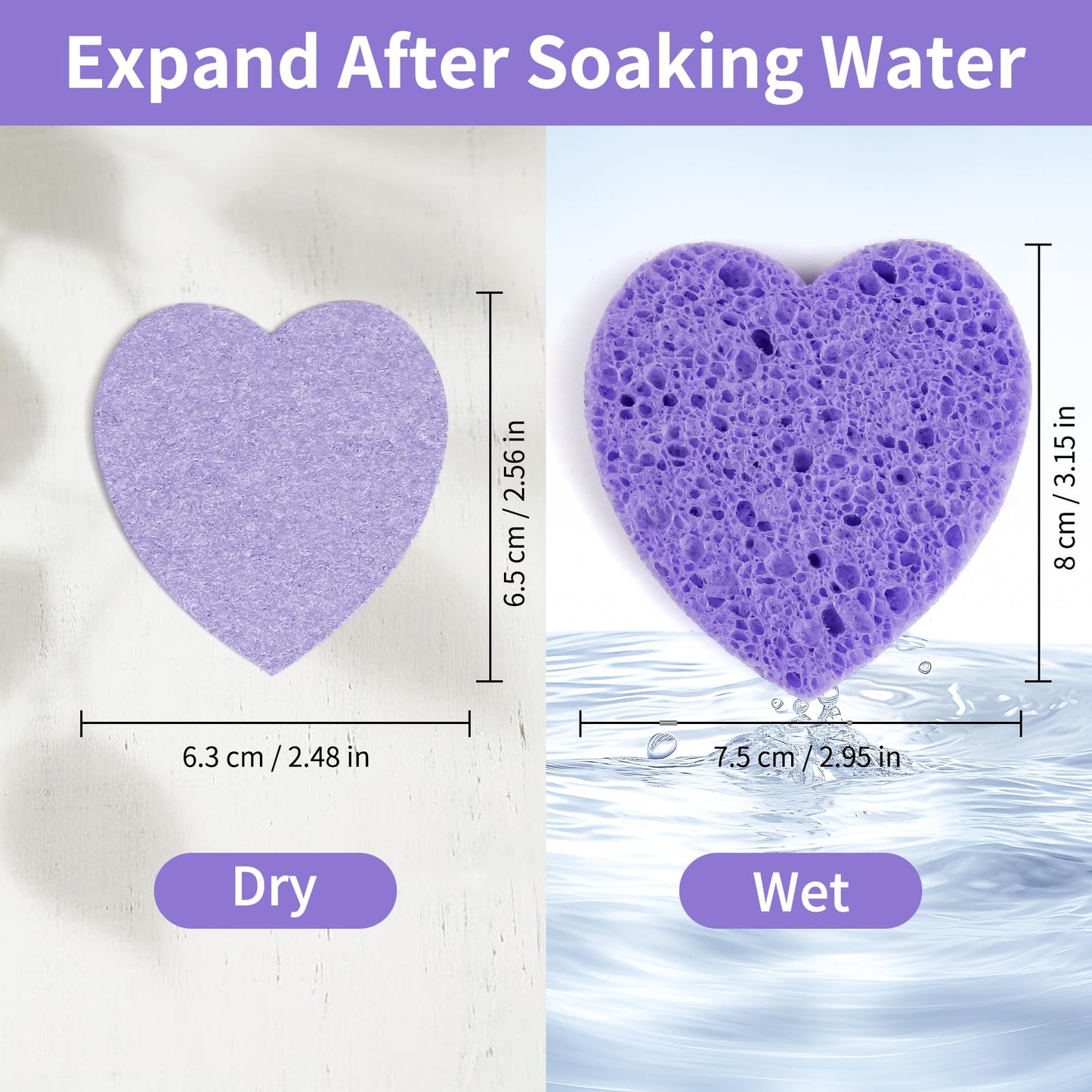 100-Count Compressed Facial Sponges, Heart Shape Face Sponge for Cleansing, Natural Cosmetic Spa Sponges for Facial Cleansing, E