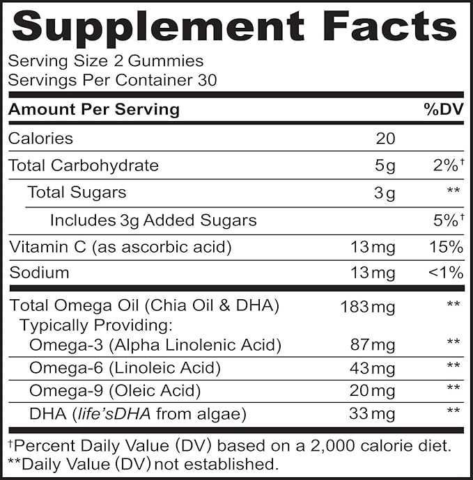 NATURELO Vegetarian DHA and Omega 3 Supplement from Algae and Chia Seed Oil for Heart, Brain and Joint Health - No Fish, Gelatin, or Artificial Sweeteners - 60 Gummies