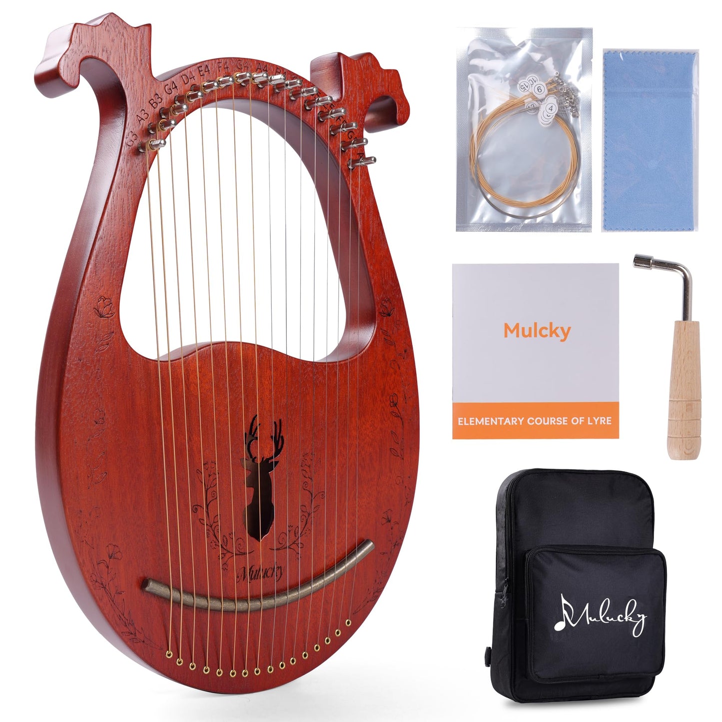 Mulucky Lyre Harp, 16 Metal Strings, Mahogany Body, Copper Saddle, Mini Lyre Harp with Tuning Wrench and Bag for Beginners