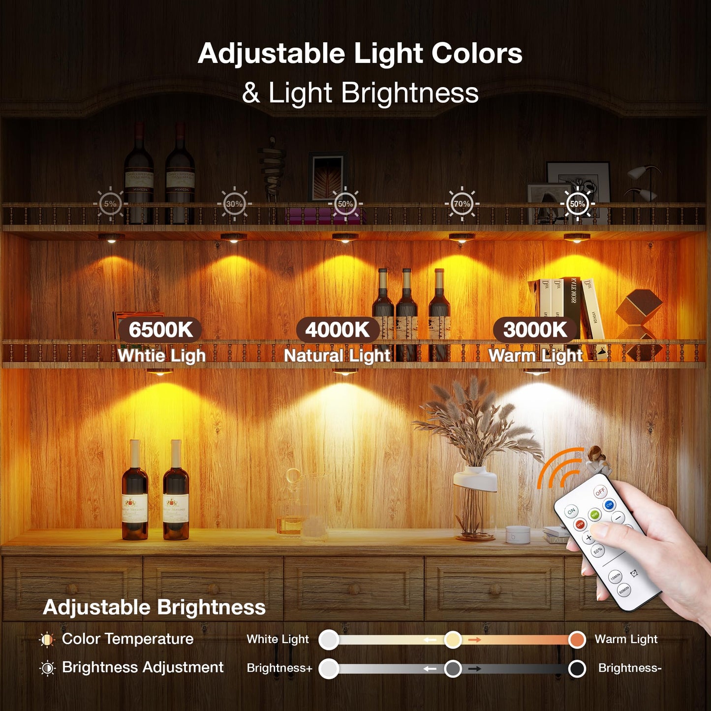 UNUSROOM Rechargeable Puck Lights with Remote, Dimmable, 2000mAh Battery, Magnetic Mount, Dark Wood, Model T065