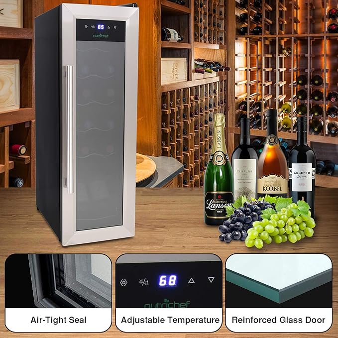 Nutrichef 12 Bottle Stainless Steel Slim Wine Fridge | Red & White Wine Chiller | Adjustable Temperature Control, Ultra Quiet Operation & Energy Efficient | Mini Wine Cooler Refrigerator | 31x10x17 IN