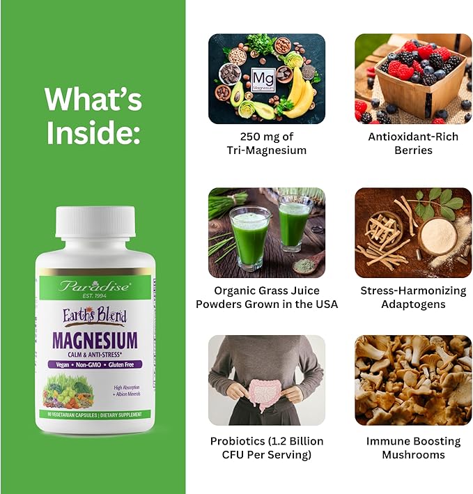 Paradise Herbs Earth's Blend Women's Once Daily Multivitamin with Iron 60 Capsules & Earth's Blend Magnesium, 90 Capsules Bundle