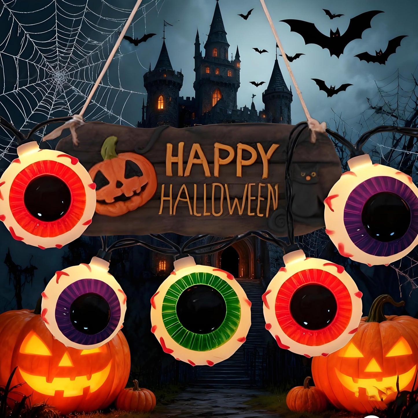Abeja Halloween Eyeball String Lights, 8.5Ft Waterproof, 10 Bulbs, Indoor/Outdoor Use, Black