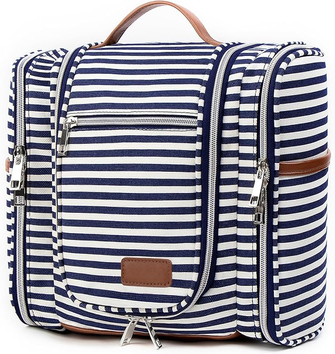 Pearl Angeli Hanging Toiletry Bag for Women, Large Makeup Cosmetic Bag, Water Resistant Toiletries Travel Essentials Organizer, Full-size Container, Navy-striped