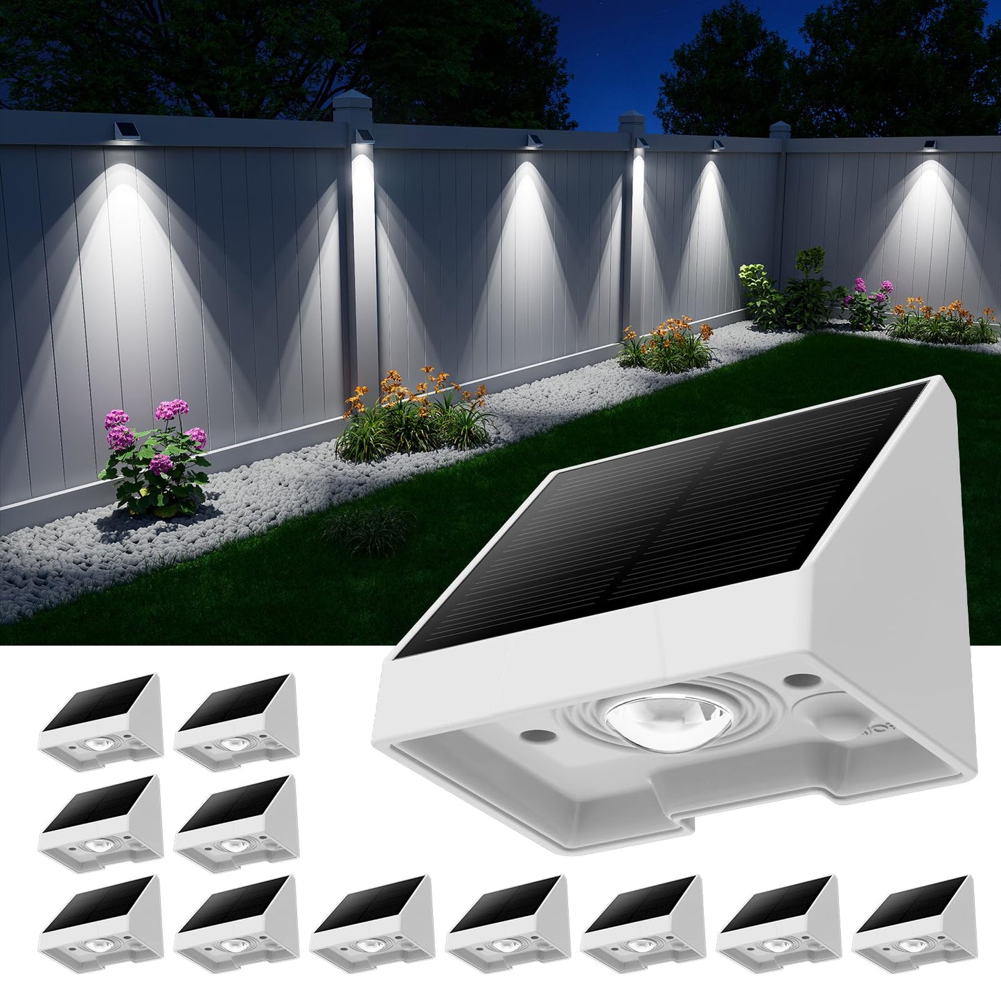 GVSHINE 12 Pack Decorative Solar Fence Lights Waterproof Cool White LED Plastic Outdoor Lighting Model WS0622-CW-12