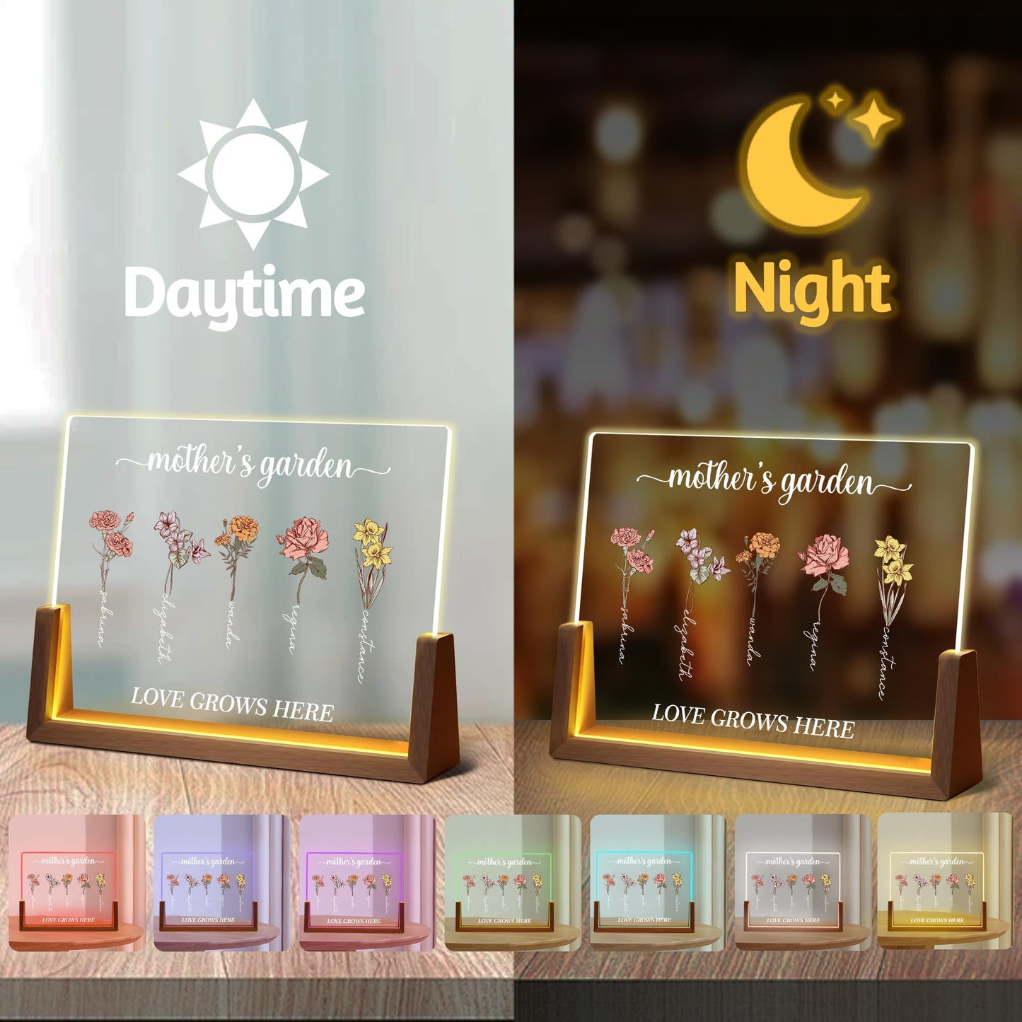 Personalized Mothers Day Birthday Gifts For Mom Grandma Wife  Custom Birth Flower Mothers Garden Led Acrylic Plaque Night Light With Name  Customized Mom Christmas Gifts From Daughter Son Husband
