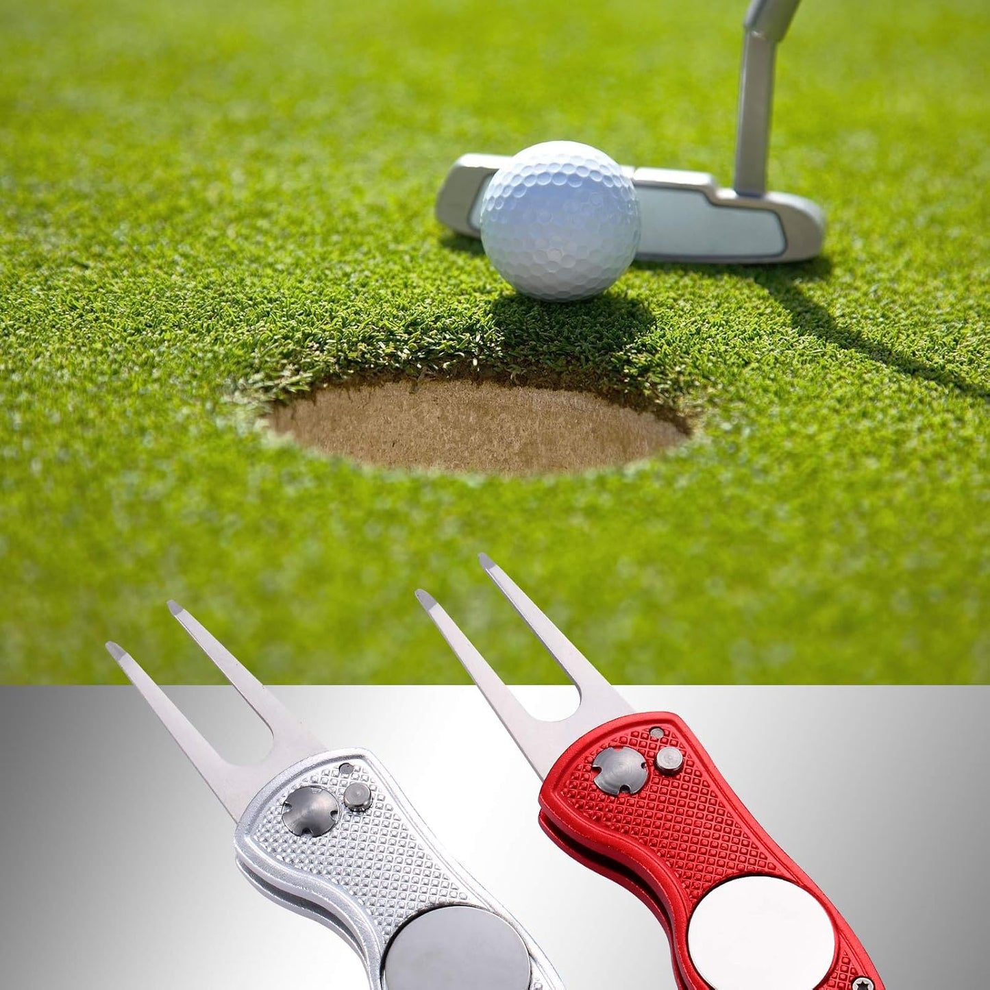 2 Pack Metal Foldable Golf Divot Tool with Pop-up Button & Magnetic Ball Marker (Pack of 2, Fish Design)