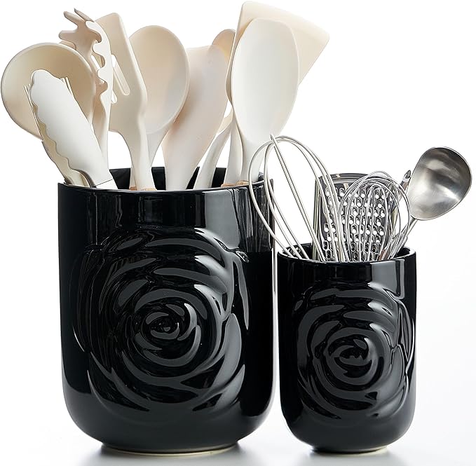 Large Utensil Holder Set of 2, 7.5"+ 5.5" - Ceramic Rose Kitchen Countertop Utensil Crock for Spatulas, Spoons & Cooking Tools, Farmhouse Kitchen Counter Decor, Black