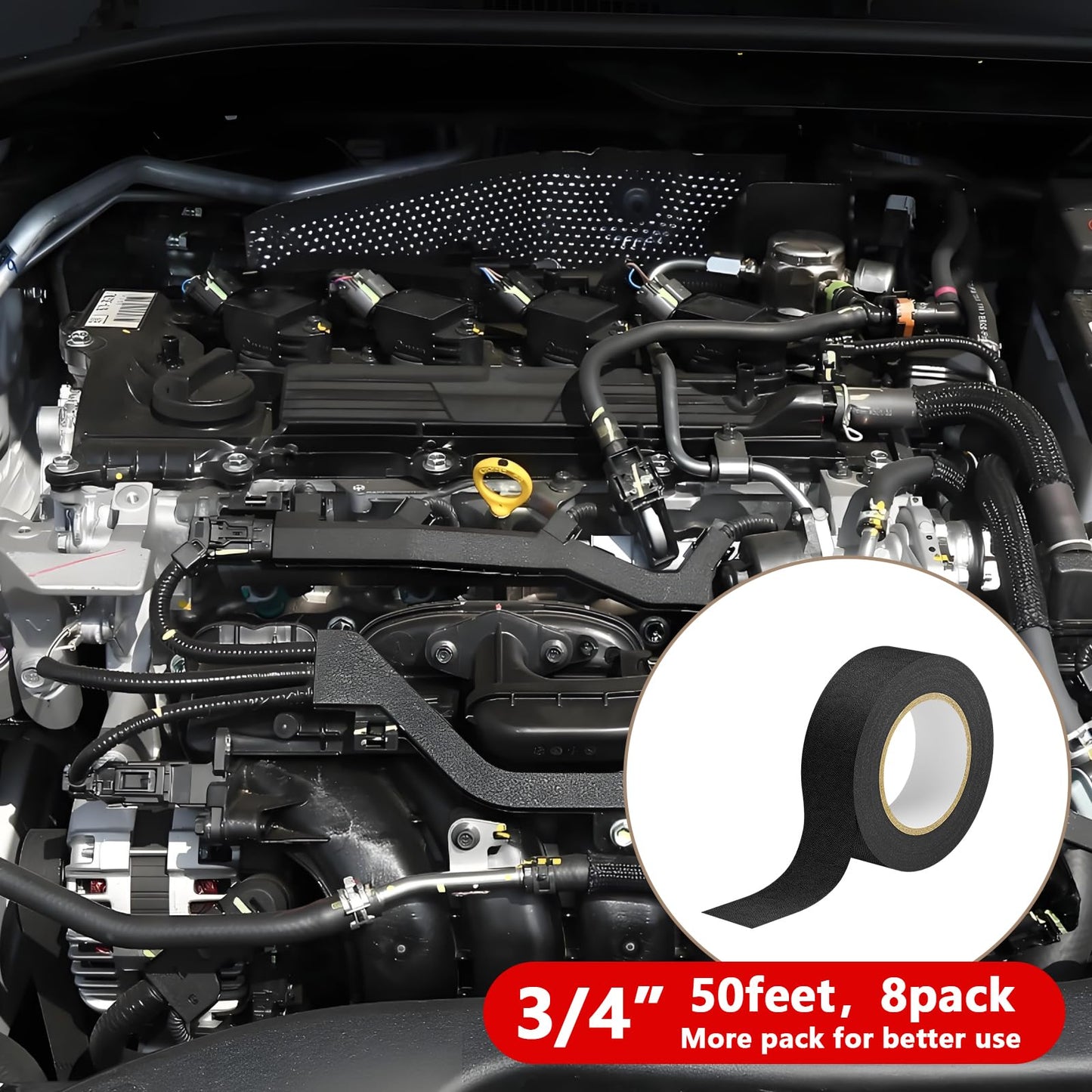 SWRT Wire Harness Tape, 3/4 Inch × 40 Feet, 8 Packs (320 Feet Total), Self-Adhesive Black Cloth Electrical Tape for Automotive Use, Fabric Tape Wire Wrap, High Temperature Resistance.