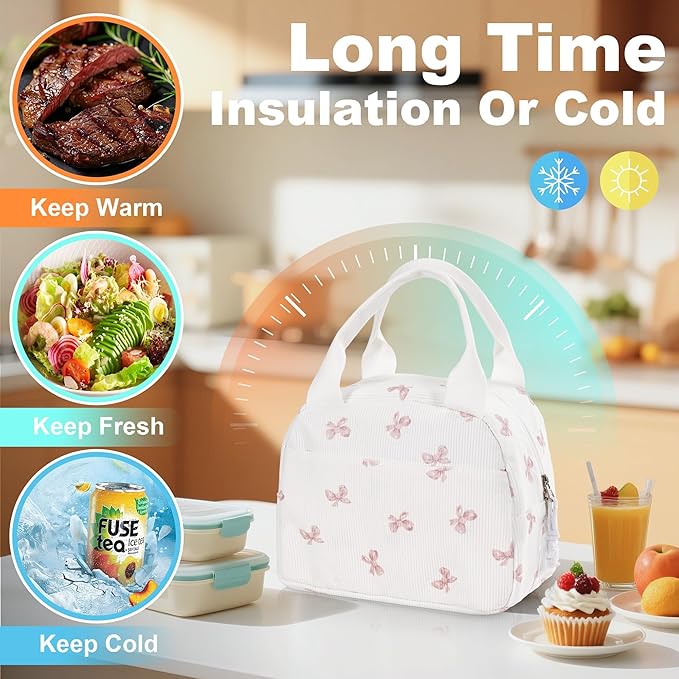 Lunch Bag for Women Insulated Lunch Box Reusable Cooler Bag Portable Cute Corduroy Leakproof Tote Bags for Travel, Work, and Picnic