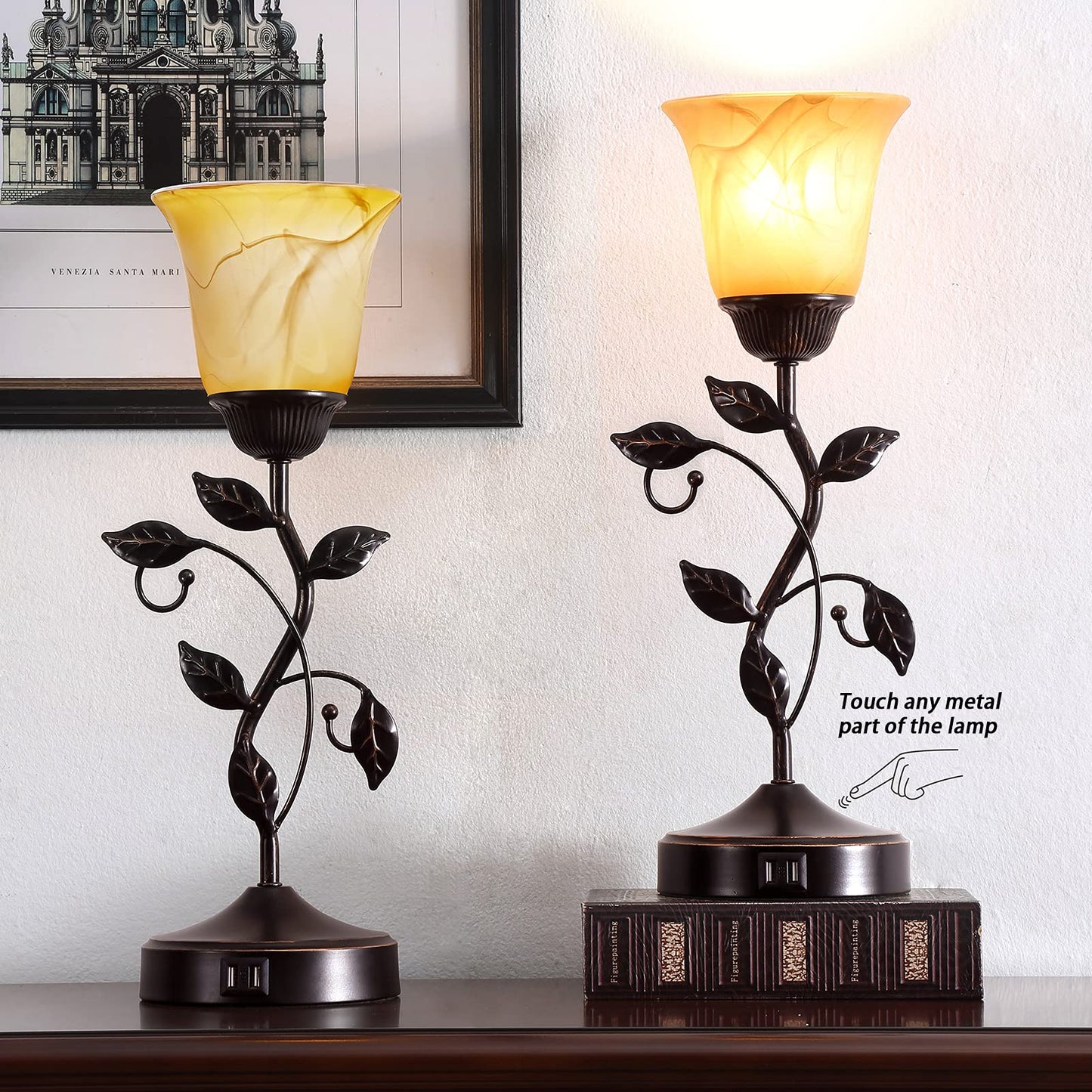 RORIANO Touch Control Table Lamp, 3-Way Dimmable, Amber Glass Shade, Metal Leaf, Bronze Finish, Model TT-8832-MM