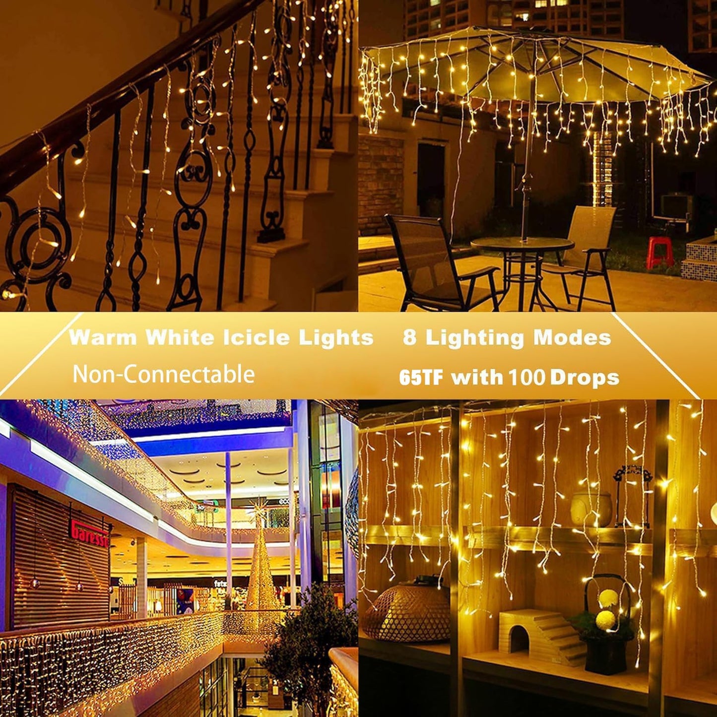 Joomer Icicle Lights Outdoor, 500 LED, 65FT, 8 Modes, Waterproof, Warm White, Model SSL0500-I-24V