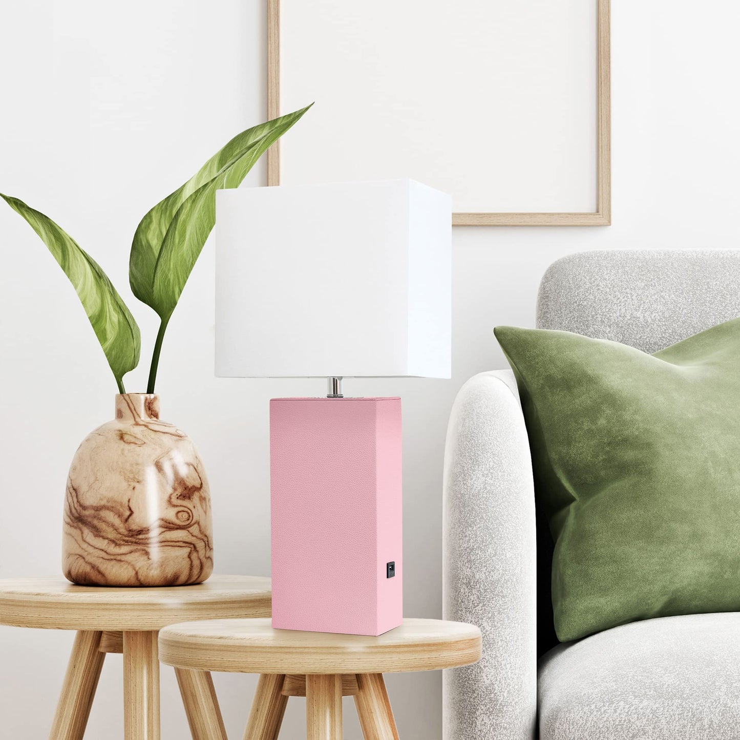 LALIA HOME Lexington 21in Leather Base Bedside Table Lamp with USB Charging Port, Pink, Model LHT-3012 Family