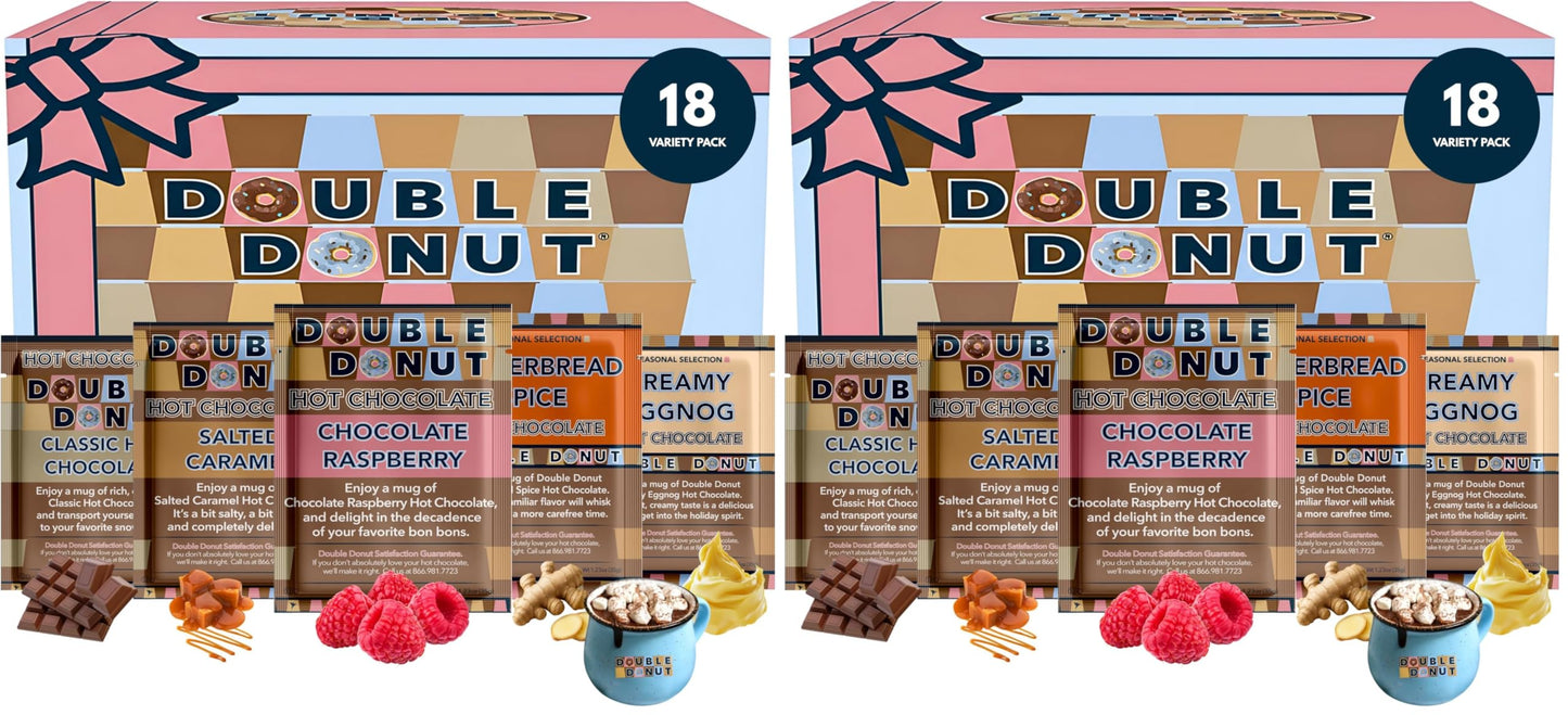 Double Donut Flavored Hot Chocolate Packets Variety Pack,18 Count Includes Classic, Chocolate Raspberry, Salted Caramel & Pepper