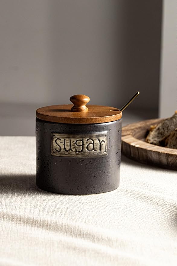 LYEOBOH Black Sugar Bowl with Lid and Spoon, 15 Oz Farmhouse Sugar Container Holder for Coffee Bar Accessories, Food Storage Containers - Modern Kitchen Decor Housewarming Gift
