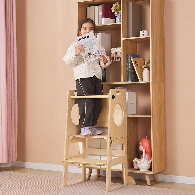 Toddler Tower Step Stool for Kids Kitchen Stool Helper Toddler Standing Tower Foldable Children Table Kids Table and Chair Set Montessori Helper Tower Natural