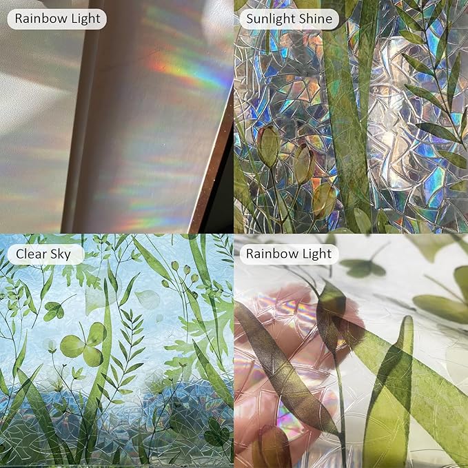 Rainbow Watercolor Green Leaves Window Film, Privacy Iridescent Static Cling Double-Sided Decals for Window Door Glass Decor, Herbs, 118.11" x 20.87"