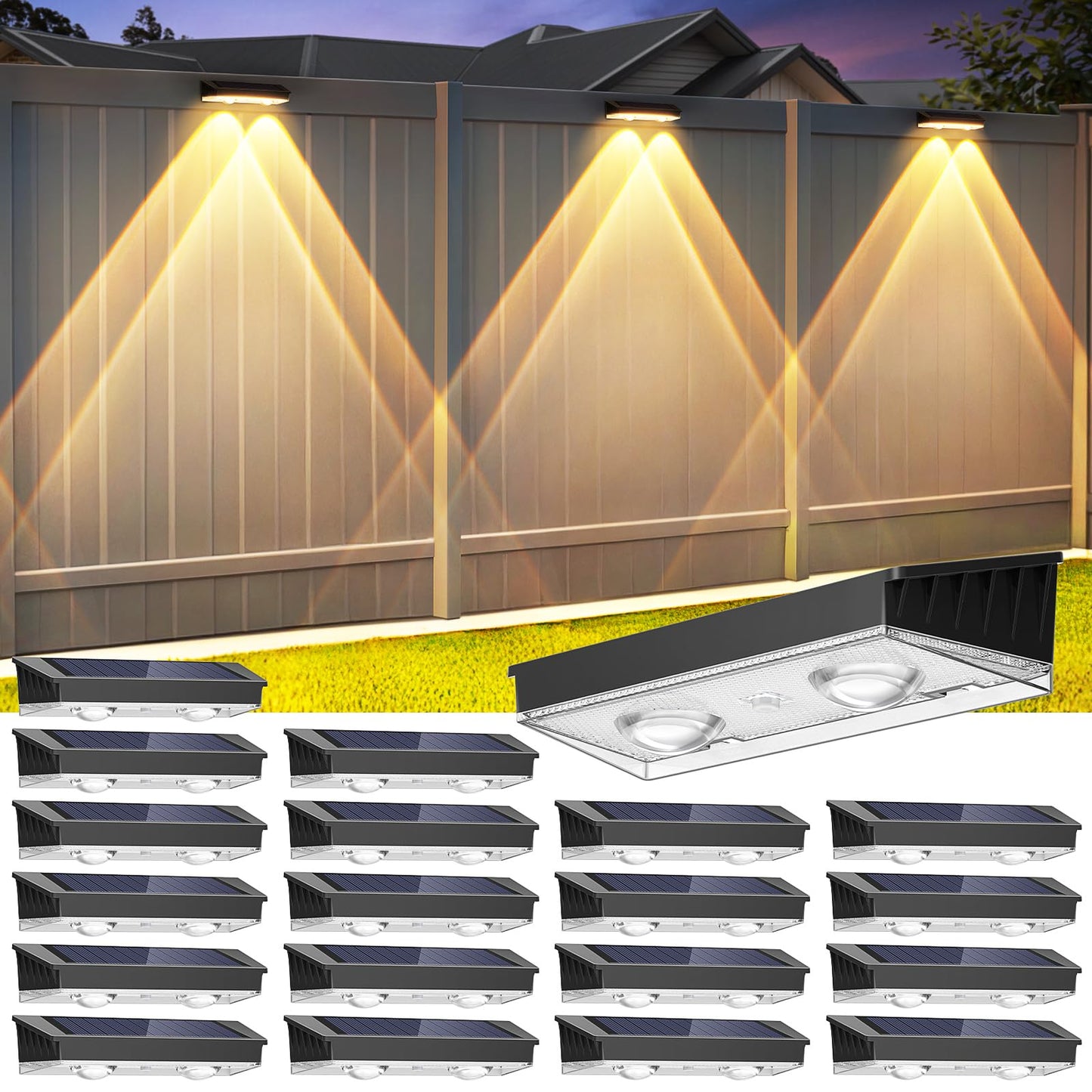 Etetale Solar Fence Lights Outdoor, 20 Pack Warm/Neutual/Cool White Fence Lights Solar Powered with 2 LED, IP65 Waterproof, Deck Lighting for Backyard, Patio, Wall, Railing, Pool, Stair