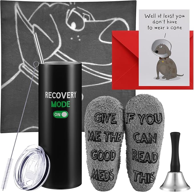 Patelai 6 Pcs Funny Get Well Soon Gifts 20oz Hospital Mug Fuzzy Recovery Cotton Socks Silver Steel Tea Hand Bell Throw Bla...