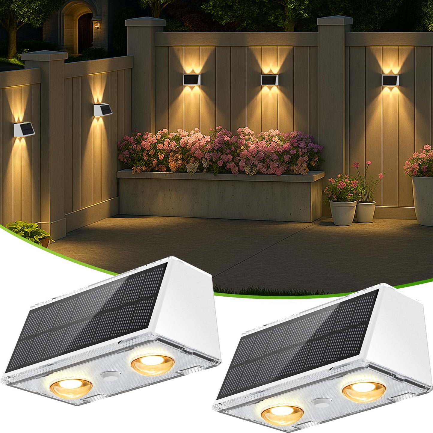 LANSOW Solar Fence Lights, 9-Mode LED Spot Wall Lights, Waterproof, 2 Pack, White, for Outdoor Use