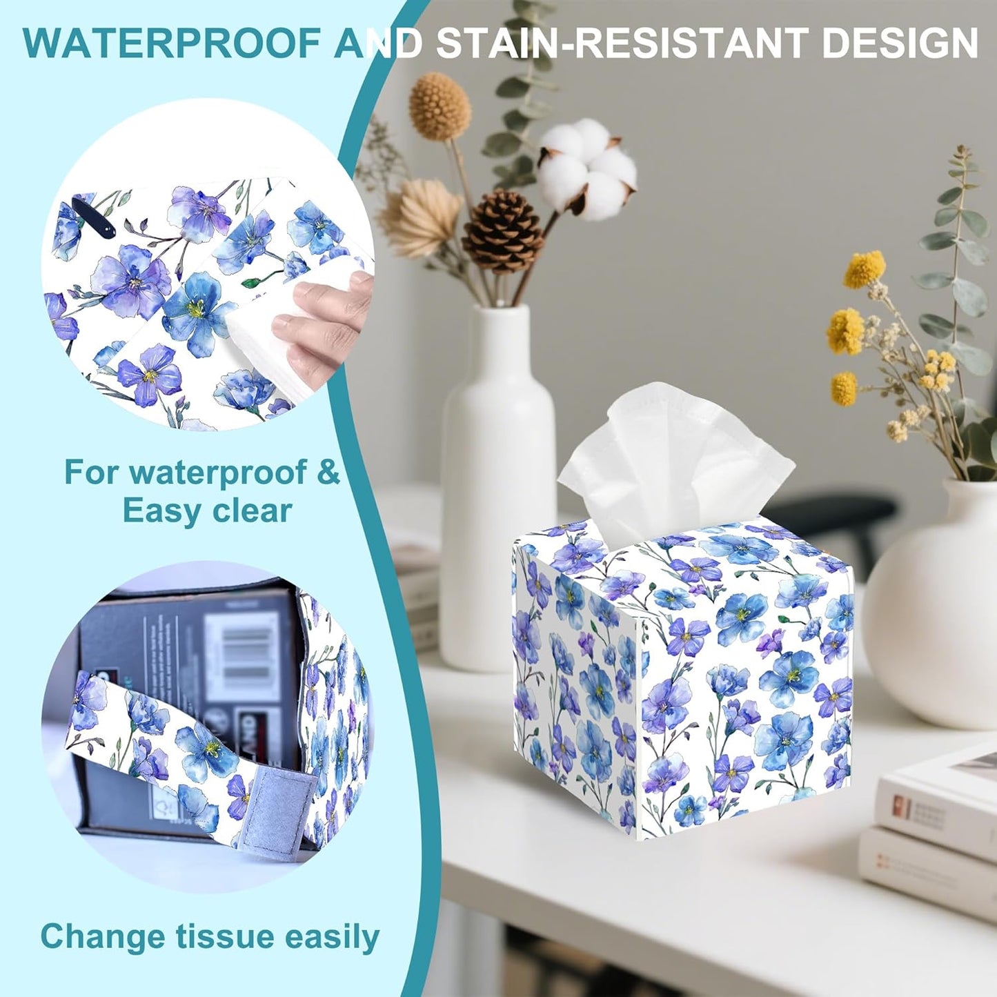 Blue Spring Wildflower Tissue Box Holder,Square Leather Tissue Box Cover with Bottom Belt,Waterproof Modern Napkin Holder Organizer for Bathroom Nightstand Vanity Office Tabletop,5.2" x 5.2" x 5.2"