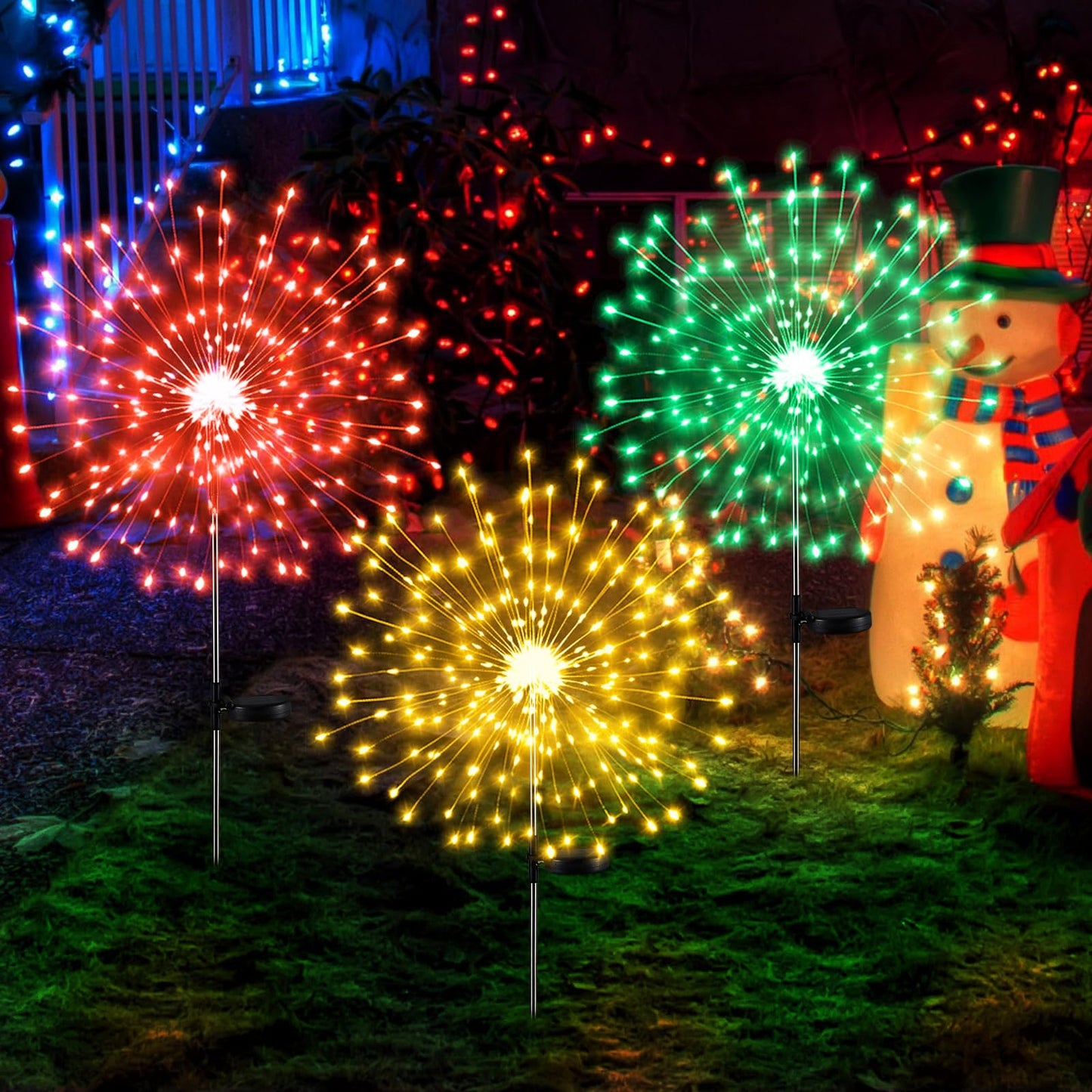 Tujoe 3 Pcs Mardi Gras Solar Firework Lights Solar Lights Outdoor Garden 120 LED 8 Modes Waterproof LED Sparkler Outdoor for Carnival Patio Yard Pathway Walkway (Red,Yellow,Green)