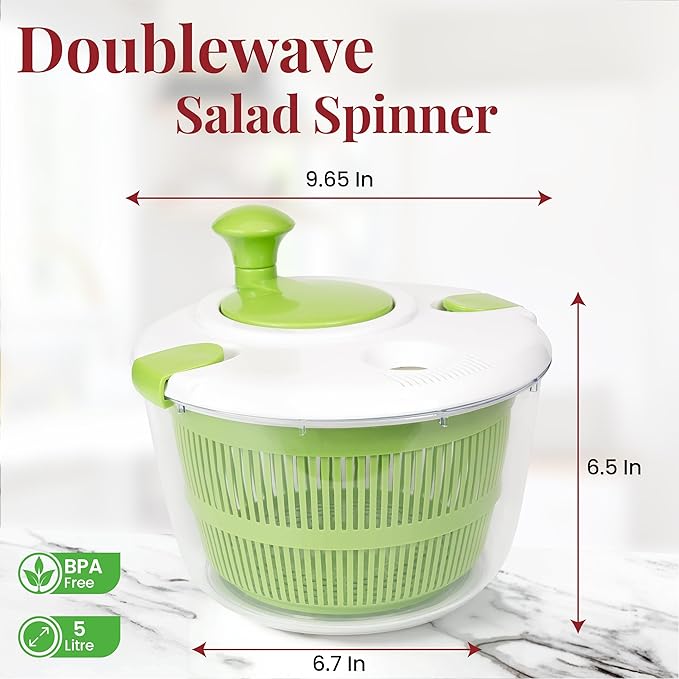DoubleWave Salad Spinner | Spin & Dry Fruits, Vegetables & Greens Fast | Lettuce Washer with Dual Drain Holes | BPA-Free, Easy to Clean | 5.3 Quart Large Capacity