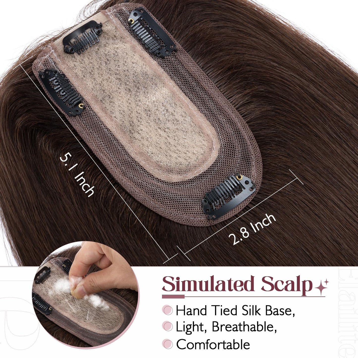 Elailite Hair Toppers for Women Real Human Hair Topper Thinning Thin 5.1x2.8 Silk Base Clip in Remy Hairpieces 14 Inch Dark Brow