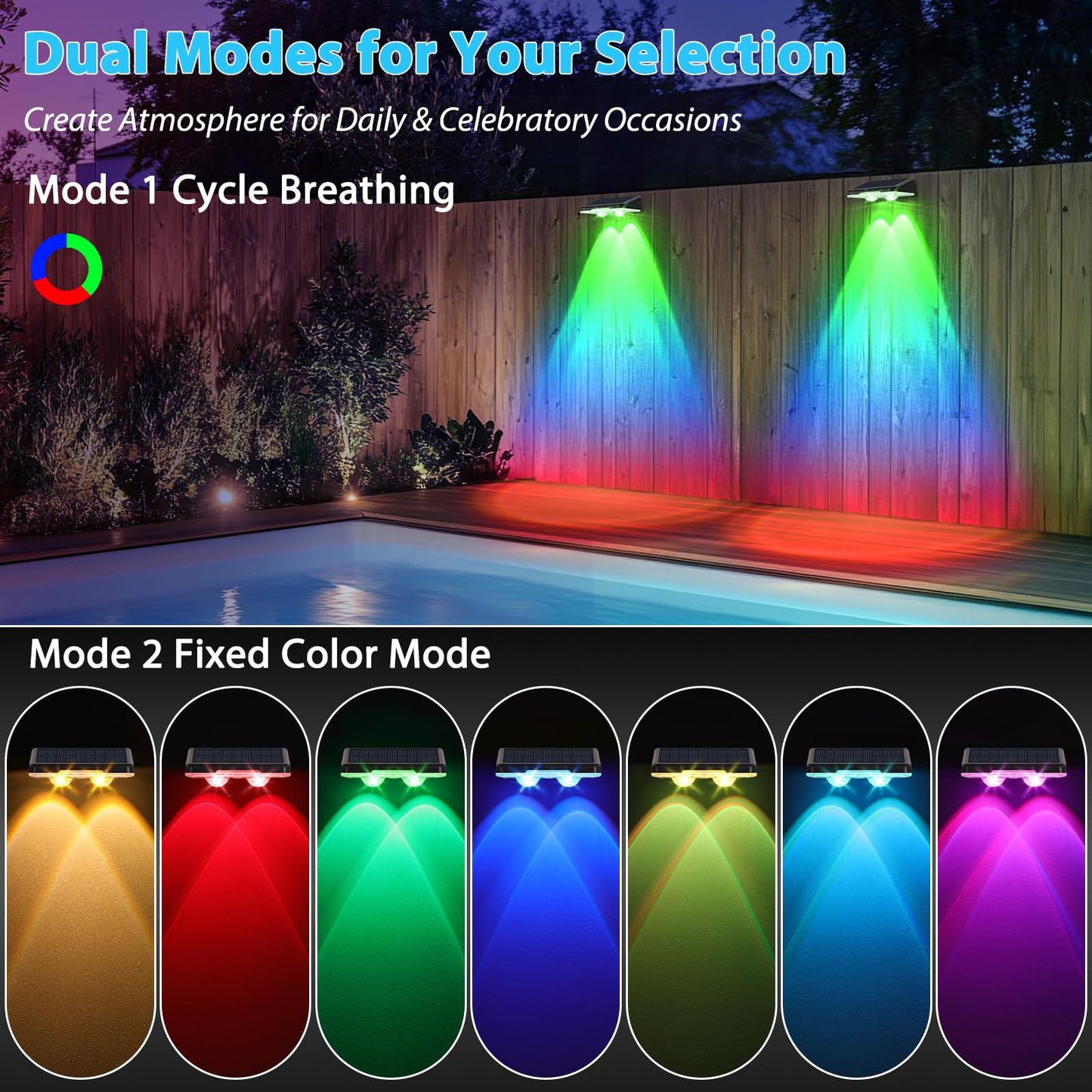 Solar Lights Outdoor 16-Pack  Waterproof Fence Lights Solar Powered With Warm White & 6 Rgb Colors & 2 Lighting Modes For Backyard  Deck  Step  Stairs  Balcony  Yard  Patio  Walkway  Pathway