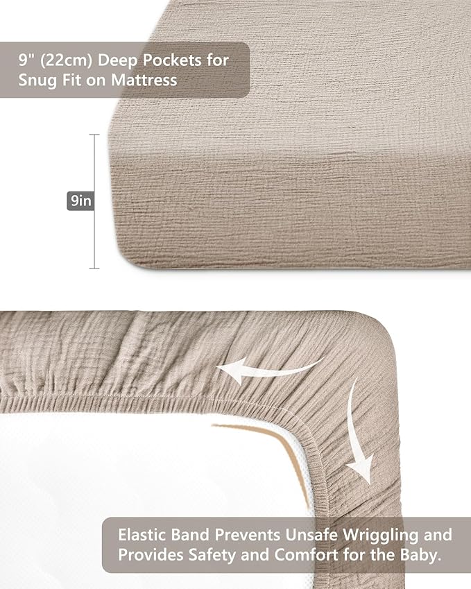 Crib Sheets for Baby Boy Girl 2 Pack, Fitted Crib Mattress Sheet 28" x 52", Muslin Toddler Bedding with Neutral Style, Nursery Bedding Essentials (Beige & Rainbow)