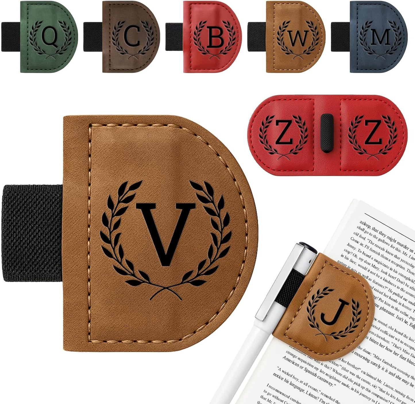 Personalized Bygone Mark Bookmark with Pen Holder,Engraving Leather Magnetic Bookmarks Vintage 26 Letters Name Initials Text Book Marker Clips Gifts for Reading Book Lovers Women (Brown, V)