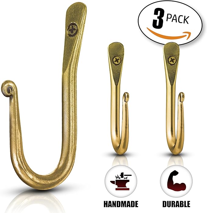 Wall Mounted Hook - Wrought Iron Decorative Blacksmith Handmade Simple Hook For Bathroom and Kitchen, Sturdy Hooks For Hanging Robes, Towels, Coats, cloths, Bags, Keys and Jewelries - Pack of 3 (Gold)