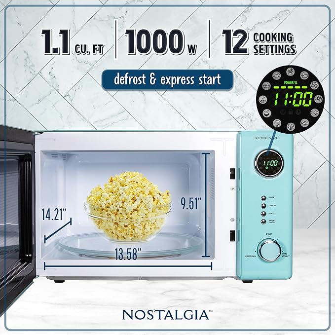 Nostalgia NRMO11AQ6A 1000 Watt Power Retro Countertop Microwave Oven Easy to Clean with Removable Glass Turntable-Child Safety Lock-12 Programs-Digital Clock, 1.1 Cu Ft, Aqua
